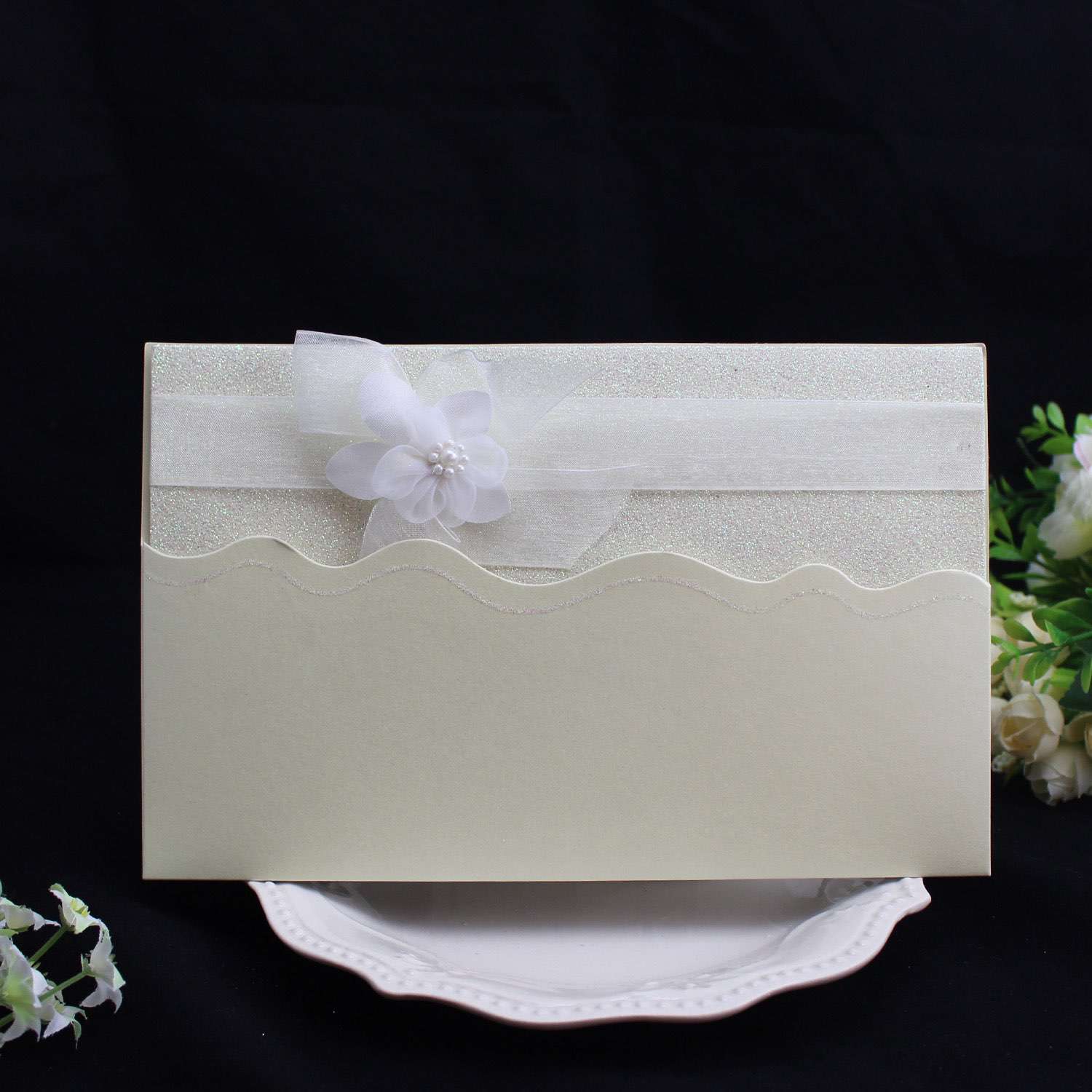 Customized Invitation Card Wave Design Wedding Invitation with Silk Bow